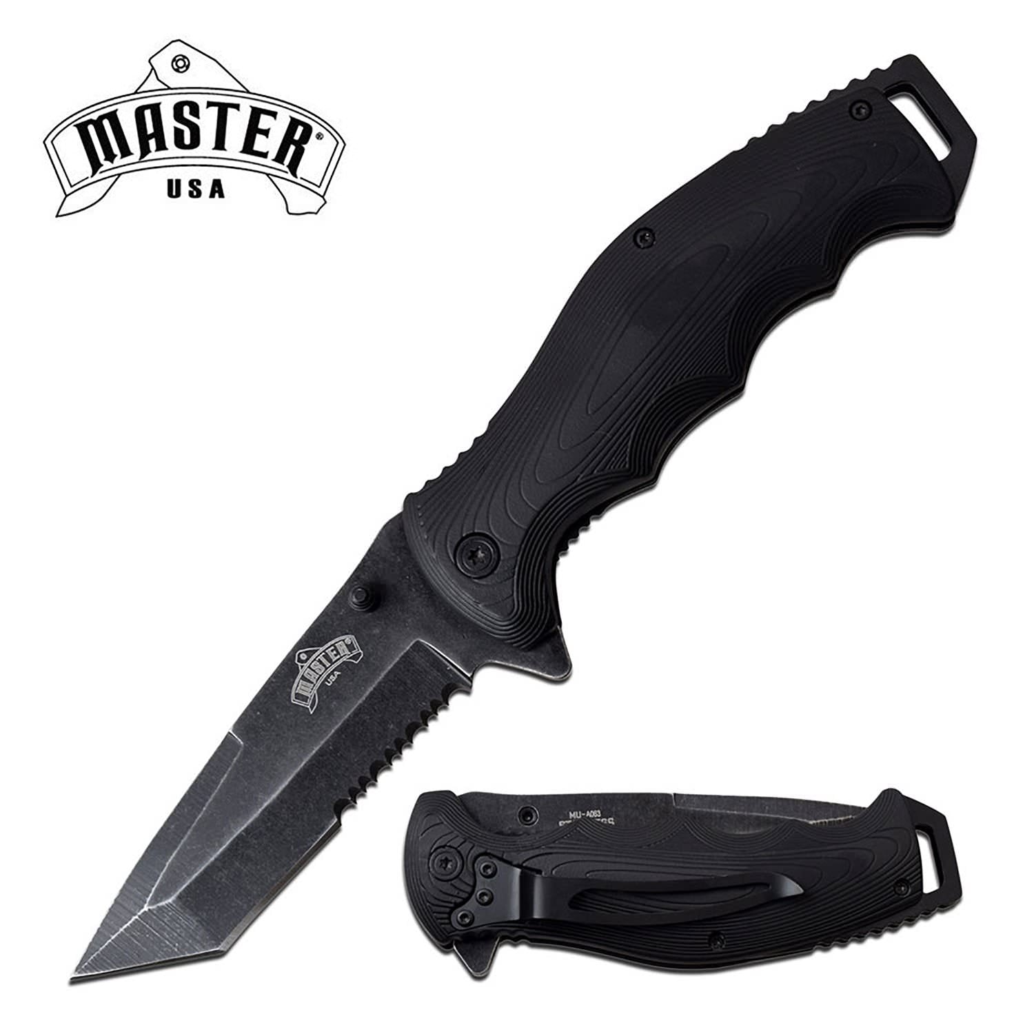 Spring Assist Folding Knife 3.75" Tanto Stone Gray Serrated Blade Black EDC - Tophatter's Army Products & Self Defense Collectible Weapons - Tophatter Daily Deals